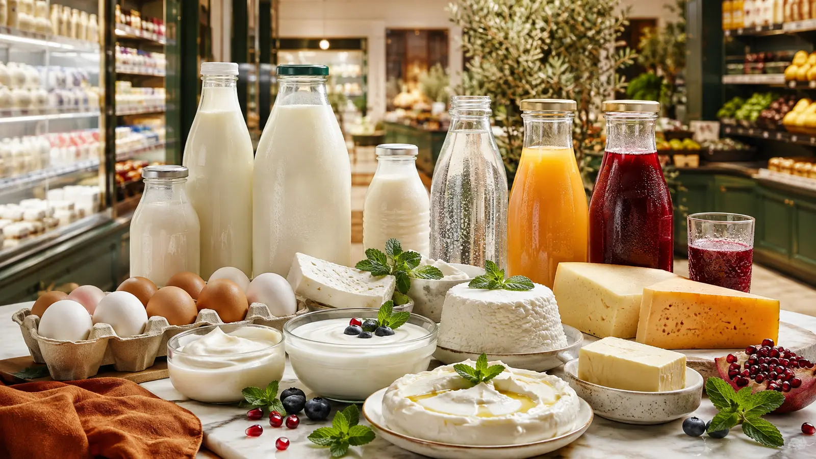 Milk, cheese, yogurt, eggs, and fresh juices
